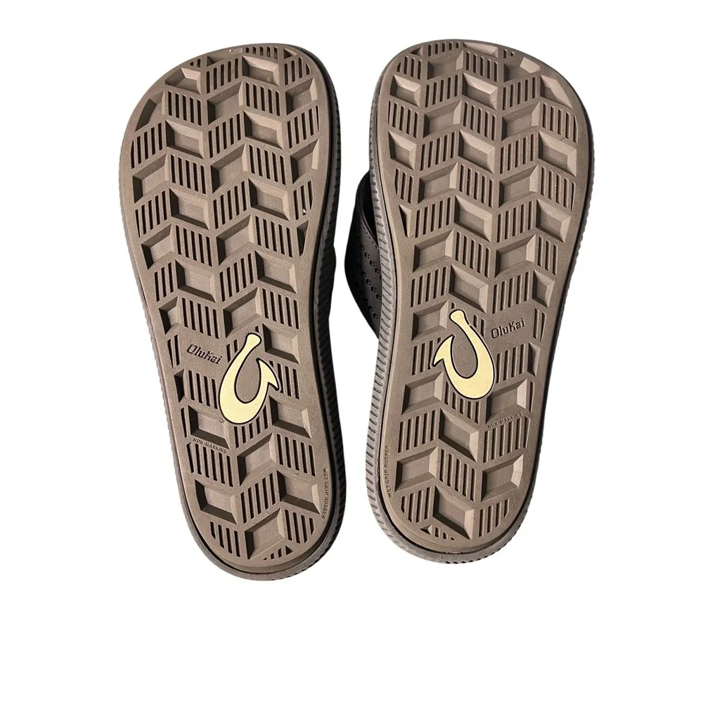 OluKai Ulele Mens Flip Flops Dark Shadow Black Sandals 10435-6C40 Size 11